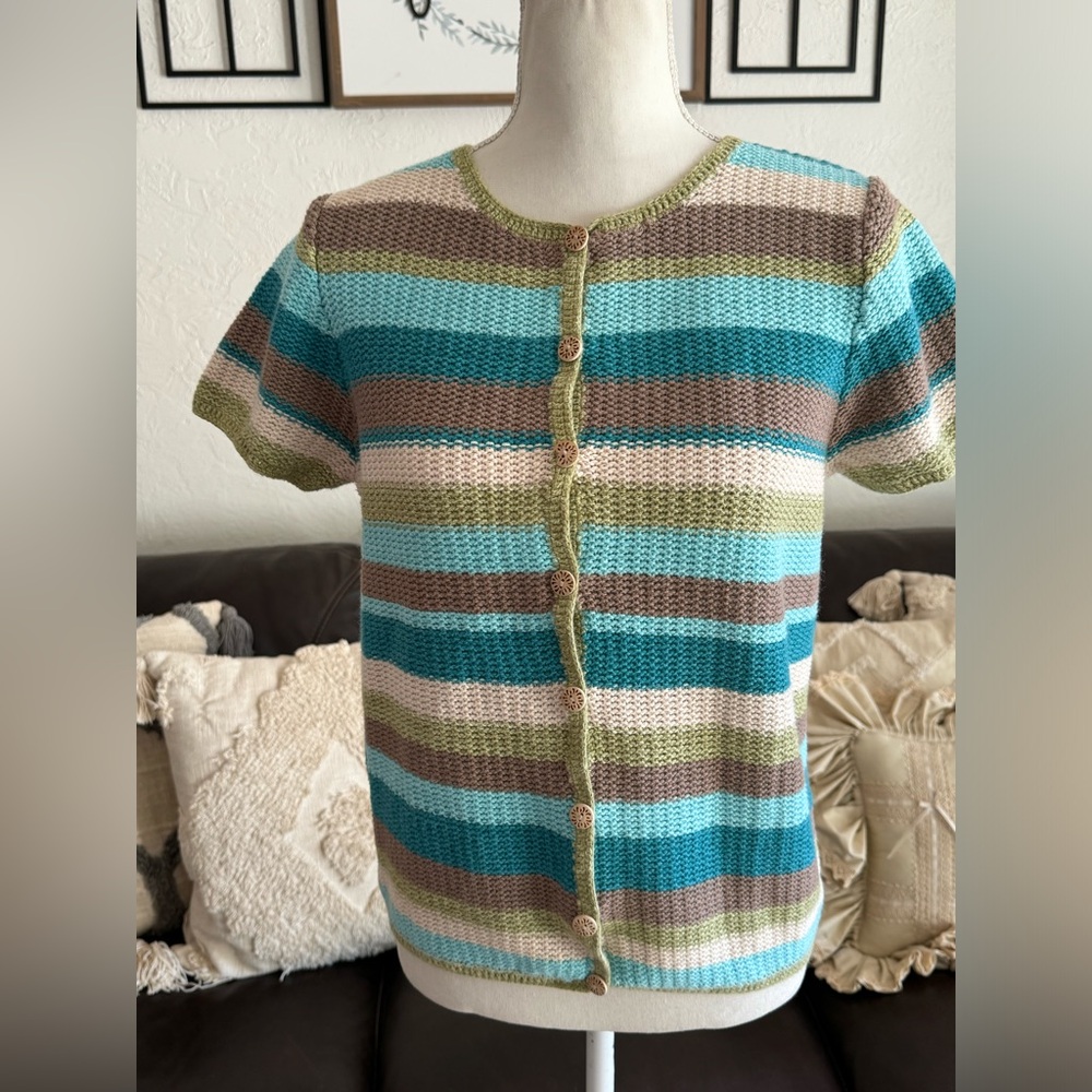Vintage Coastal Granddaughter Short Sleeve Cardigan Cover Size M Hand Crochet - Picture 14 of 16
